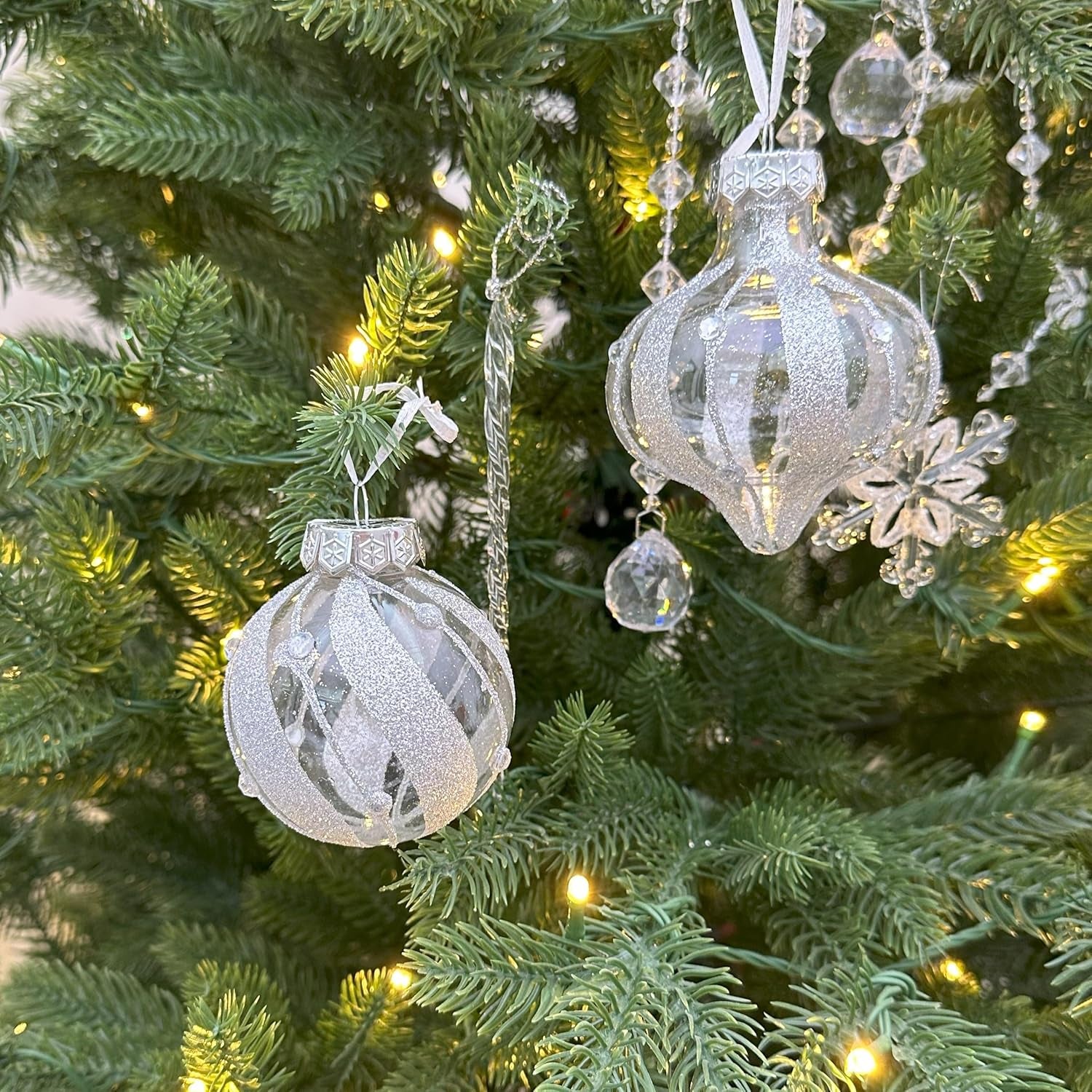 Shatterproof Clear Glitter Plastic Christmas Ball Ornaments Set - (12 Count,  Silver)