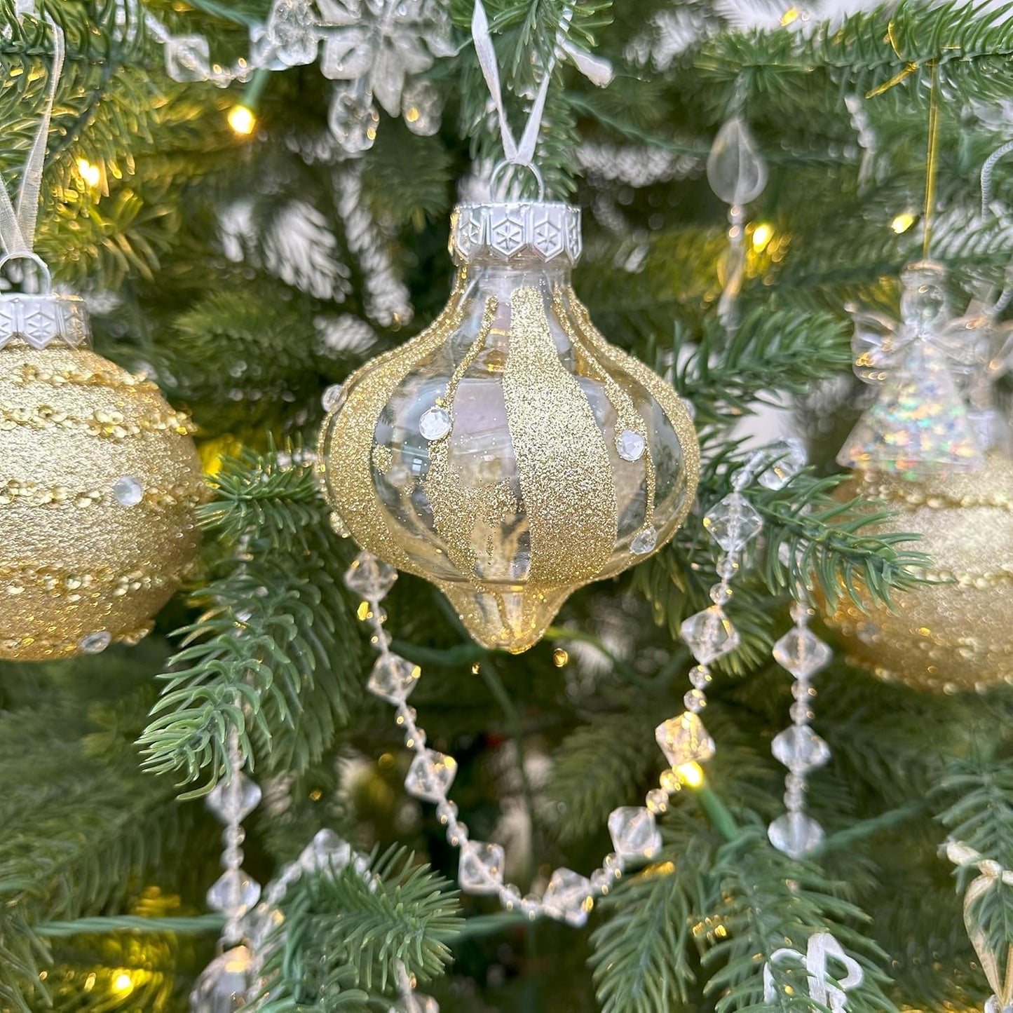 Shatterproof Clear Glitter Christmas Ball Ornaments Set - 12 Count (Gold)