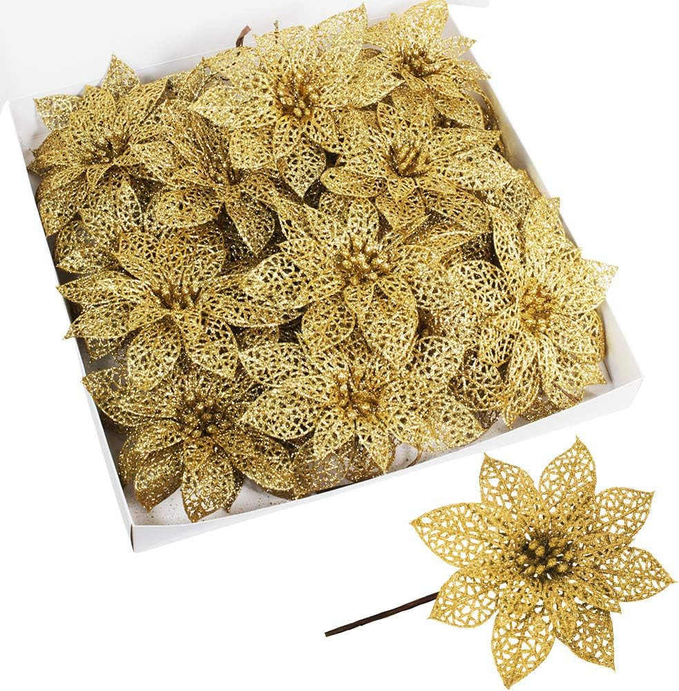 Christmas Gold Glitter Poinsettia Flowers (24 pack)