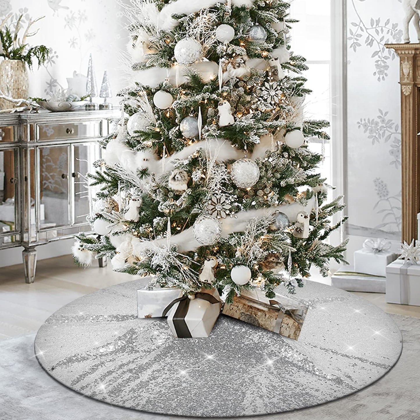 48-Inch Sequin Christmas Tree Skirt with Double Layers