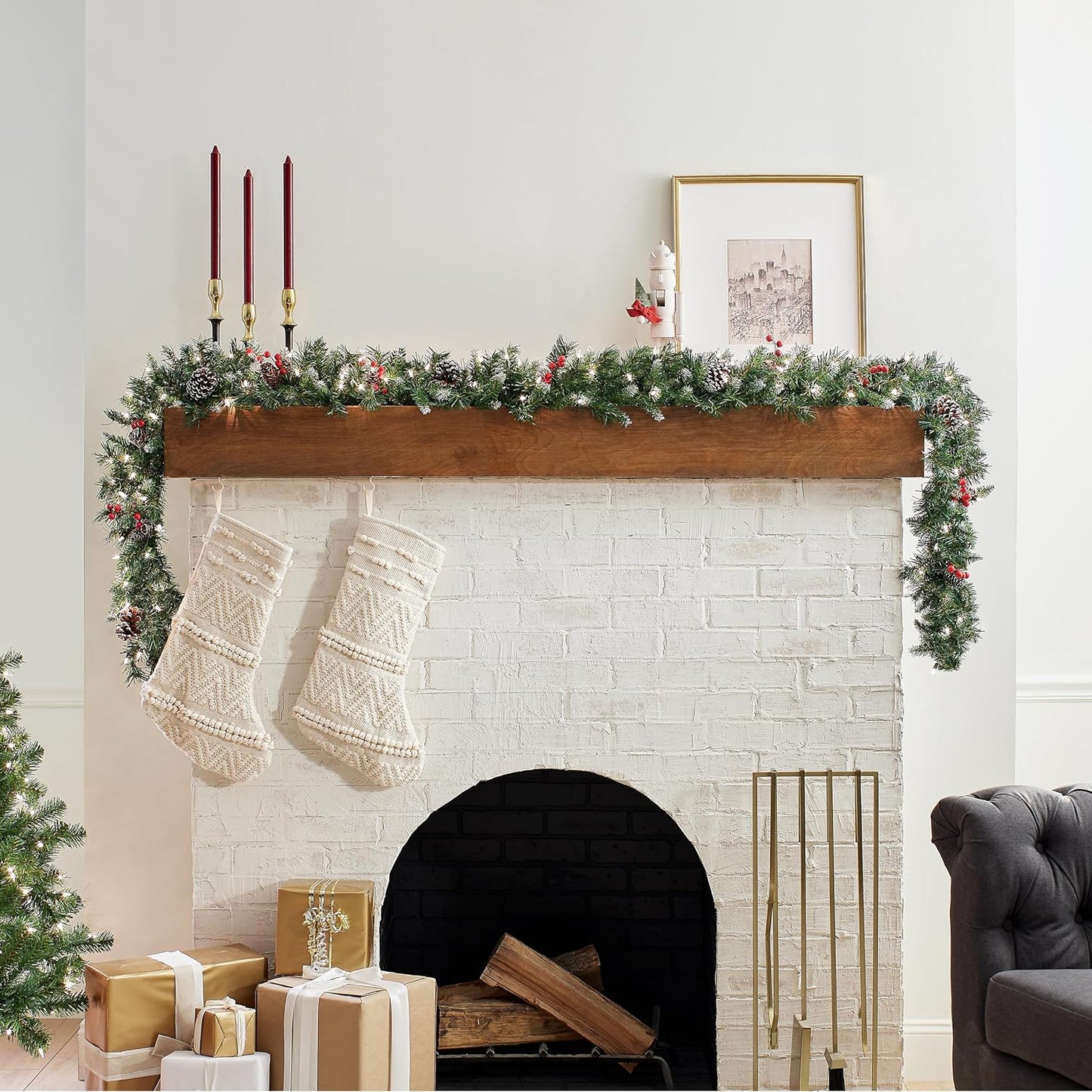 9-Foot Pre-Lit Artificial Christmas Garland with Frosted Berry, White Lights, Pine Cones, and Berry Clusters