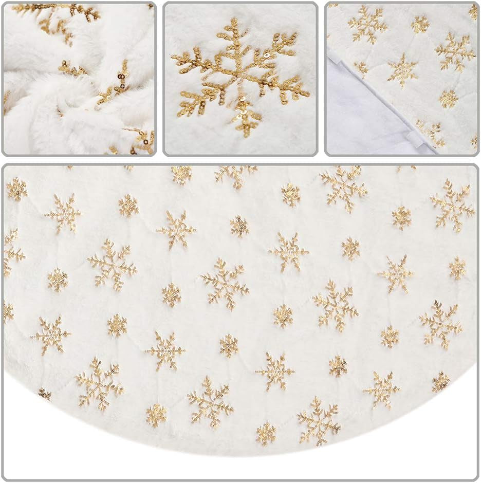 Sequin Tree Skirt ,White Soft Thick with Snowflakes