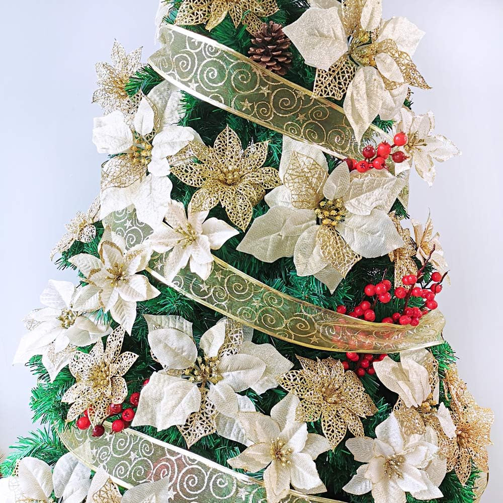 Christmas Gold Glitter Poinsettia Flowers (24 pack)