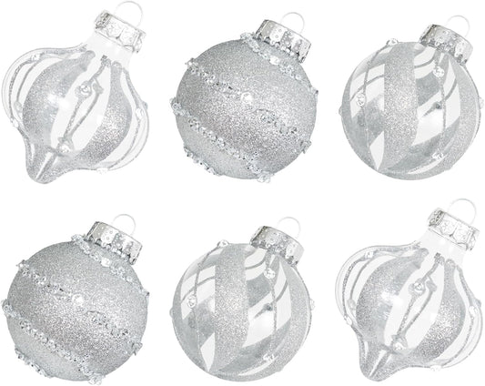 Shatterproof Clear Glitter Plastic Christmas Ball Ornaments Set - (12 Count,  Silver)