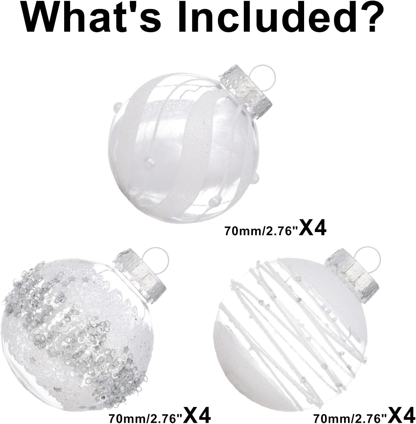 Shatterproof Clear Glitter Christmas Ball Ornaments Set - 12 Count (White)