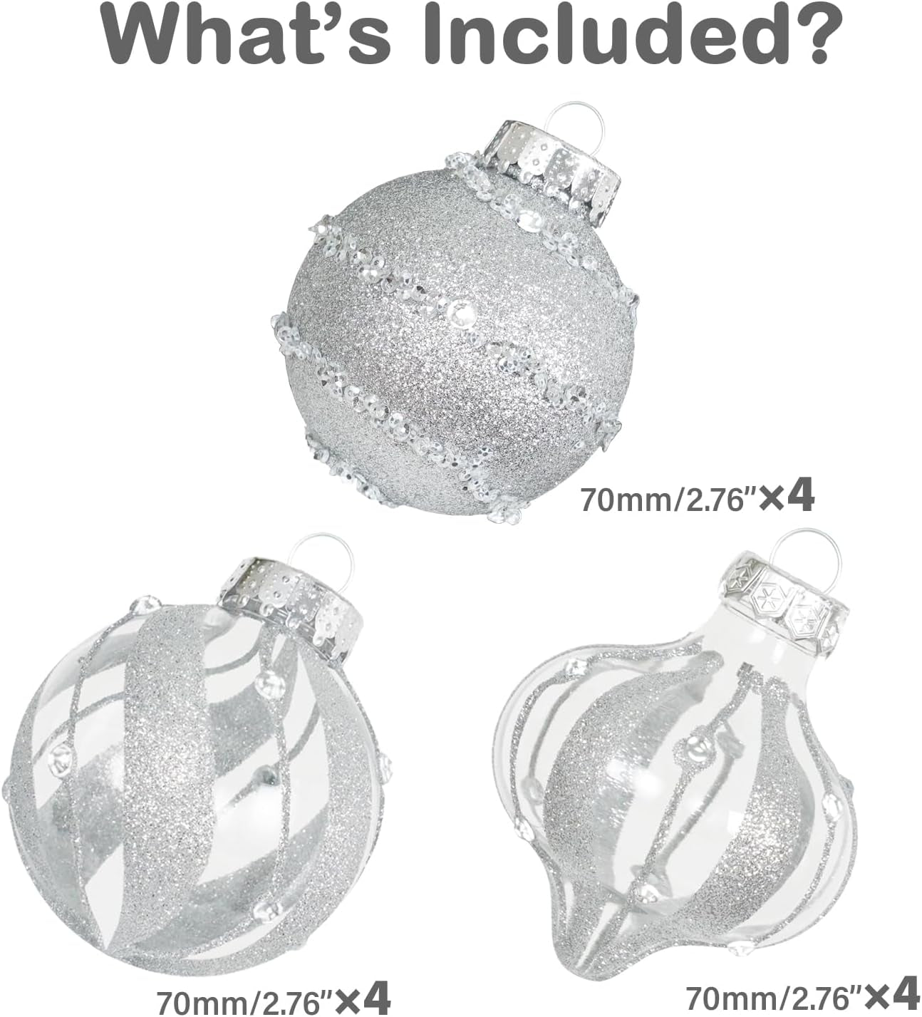 Shatterproof Clear Glitter Plastic Christmas Ball Ornaments Set - (12 Count,  Silver)