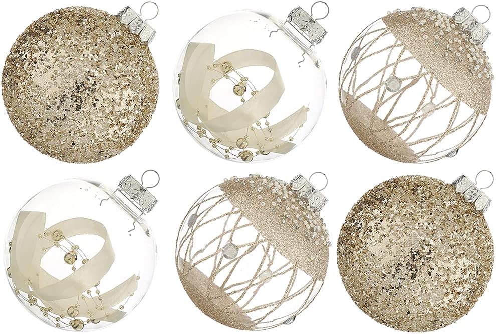  Large Shatterproof Clear Glitter Ornaments (12 Counts,Champagne)