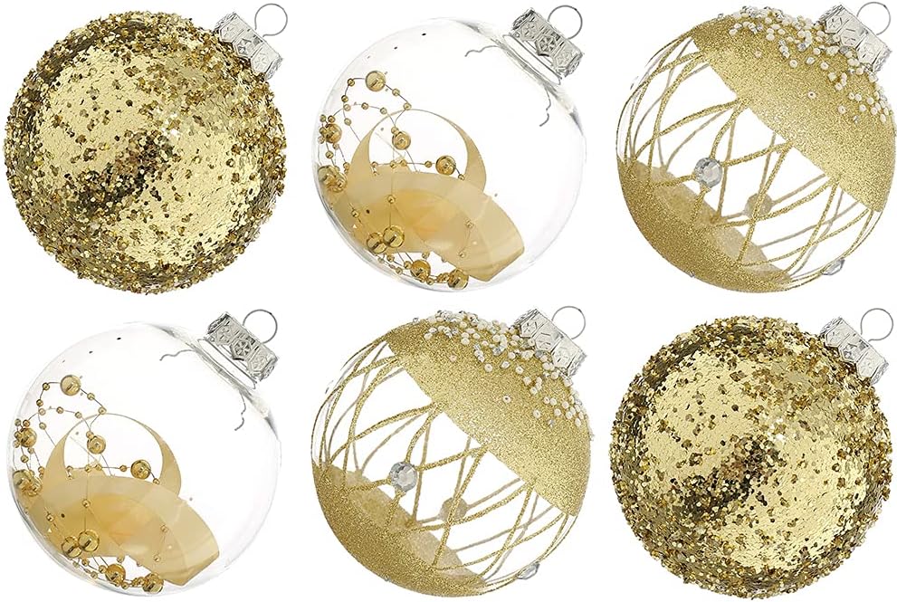 Shatterproof Clear Glitter Christmas Ball Ornaments Set - 12 Count (Gold)