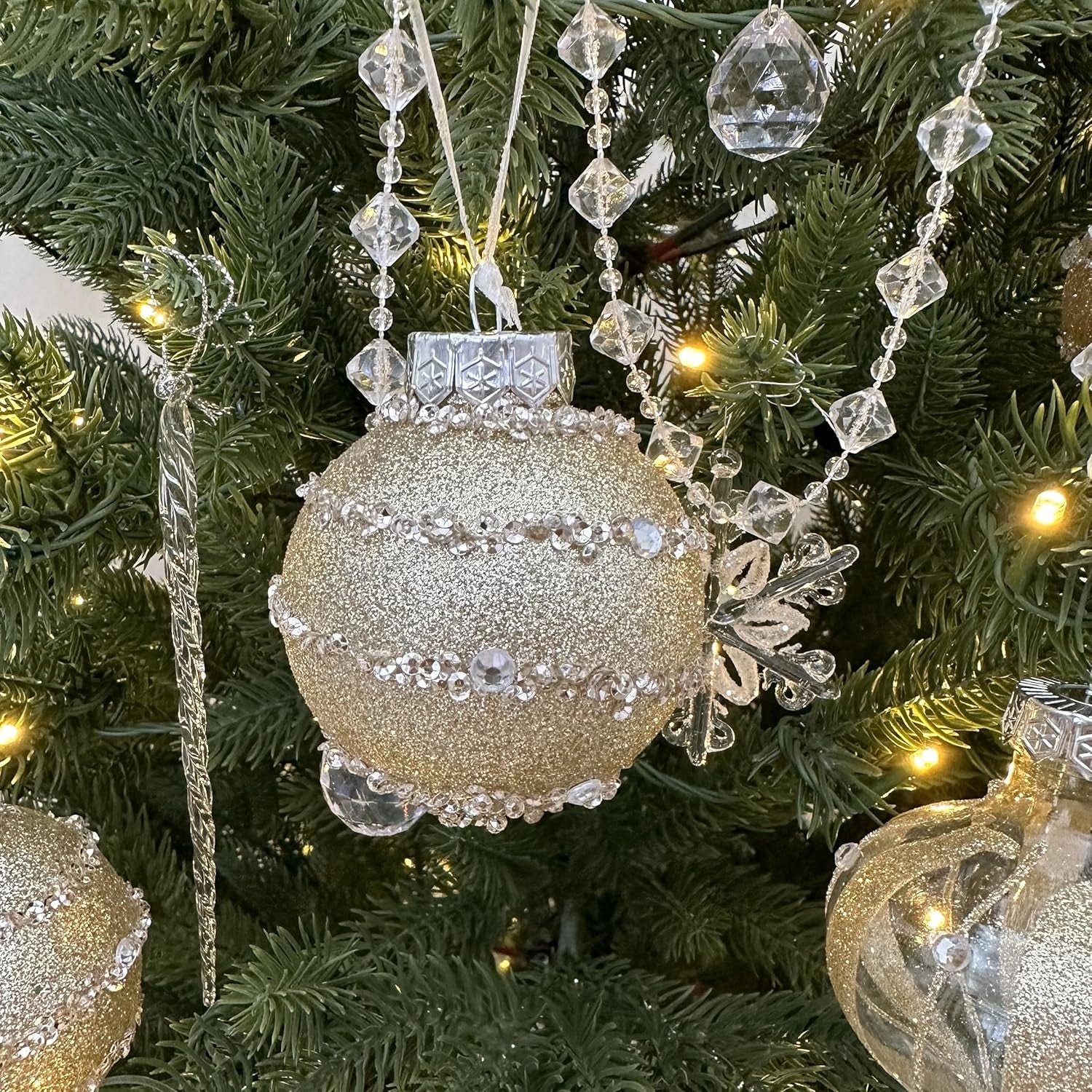  Large Shatterproof Clear Glitter Ornaments (12 Counts,Champagne)