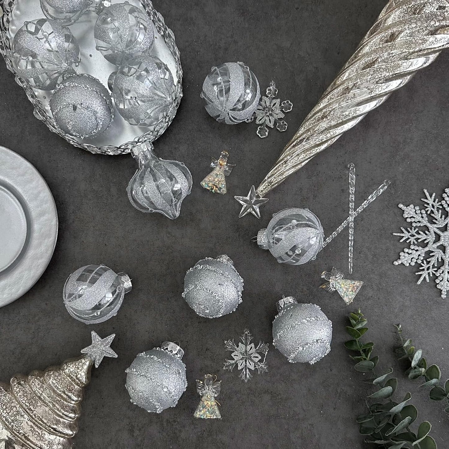 Shatterproof Clear Glitter Plastic Christmas Ball Ornaments Set - (12 Count,  Silver)