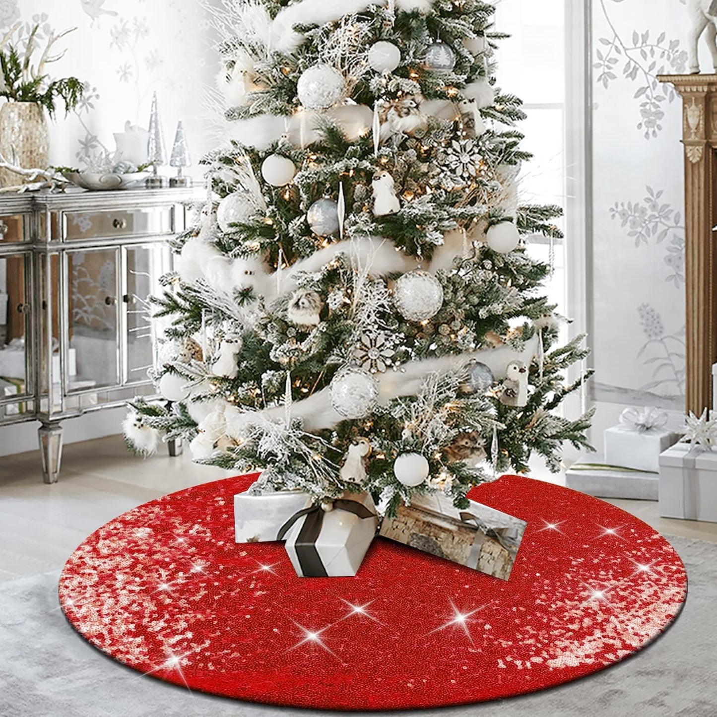 48-Inch Sequin Christmas Tree Skirt with Double Layers