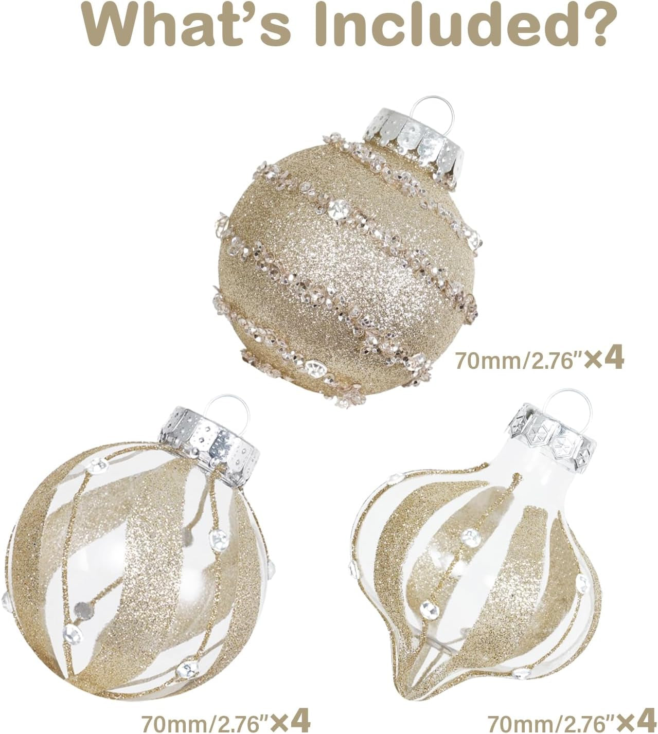 Shatterproof Clear Glitter Christmas Ball Ornaments Set - 12 Count (Beige)