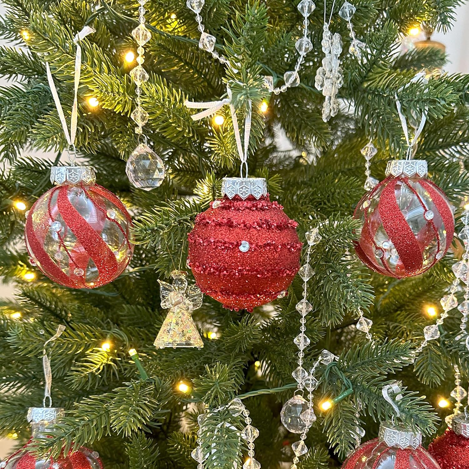 Shatterproof Clear Glitter Christmas Ball Ornaments Set - 12 Count (Red)