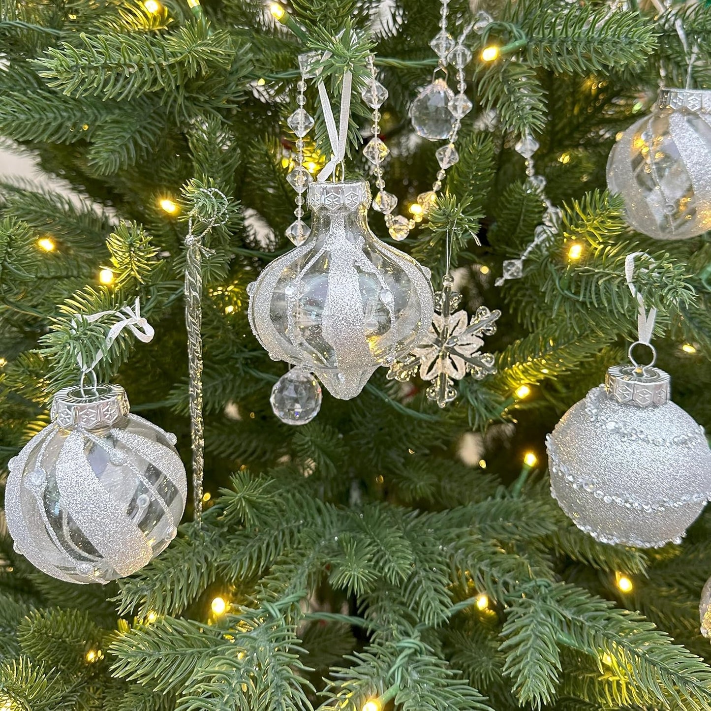 Shatterproof Clear Glitter Plastic Christmas Ball Ornaments Set - (12 Count,  Silver)