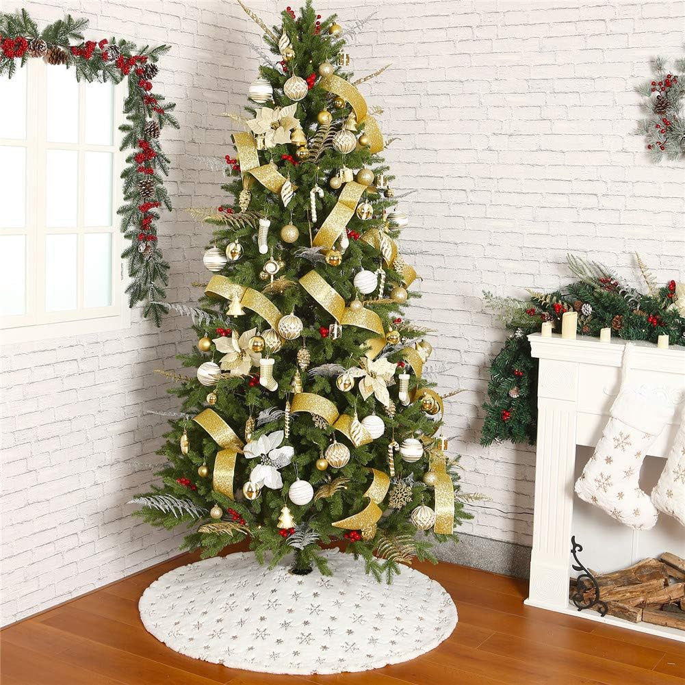 Sequin Tree Skirt ,White Soft Thick with Snowflakes