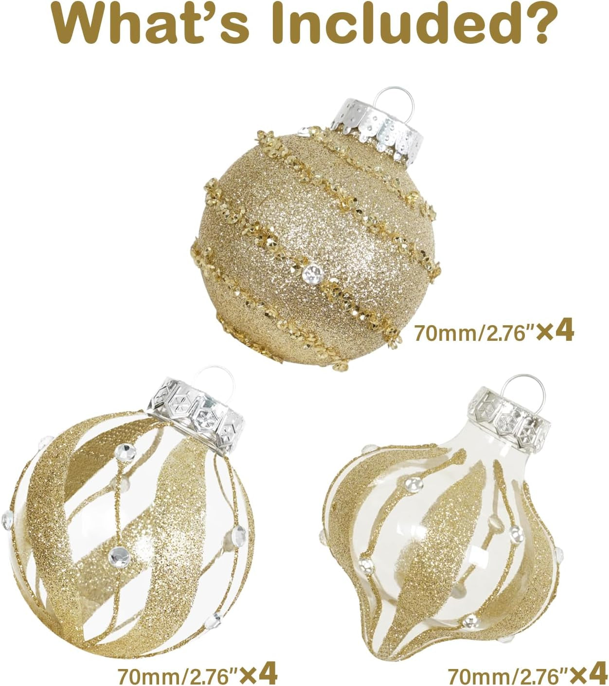 Shatterproof Clear Glitter Christmas Ball Ornaments Set - 12 Count (Gold)