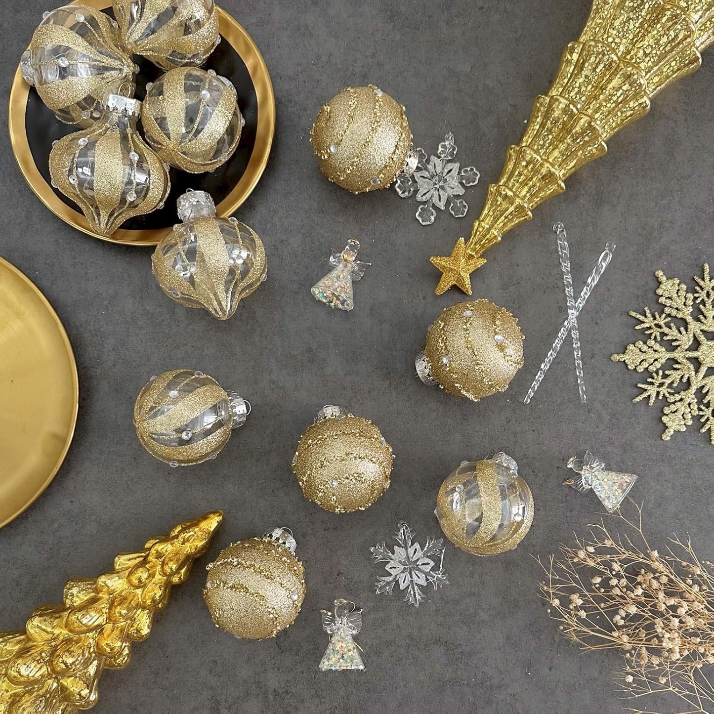 Shatterproof Clear Glitter Christmas Ball Ornaments Set - 12 Count (Gold)