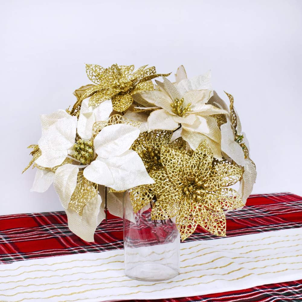 Christmas Gold Glitter Poinsettia Flowers (24 pack)