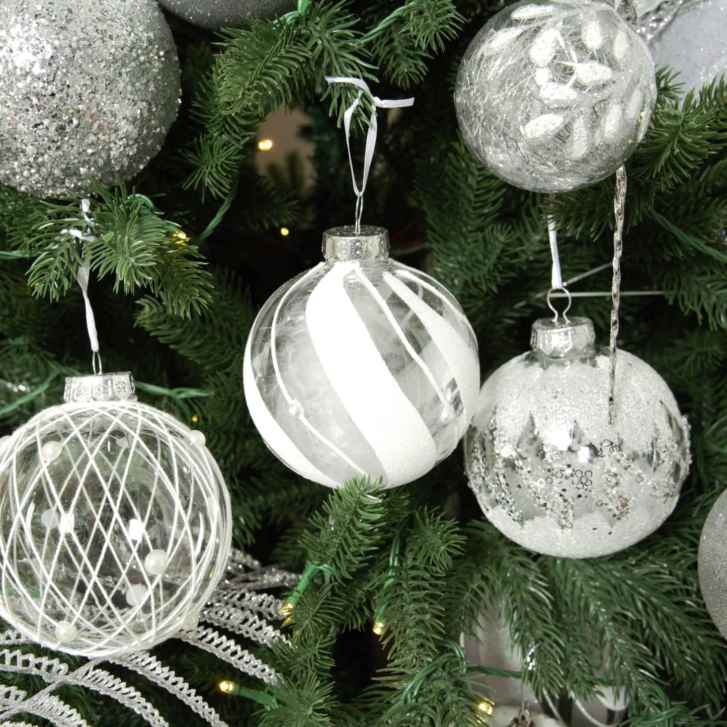 Shatterproof Clear Glitter Christmas Ball Ornaments Set - 12 Count (White)